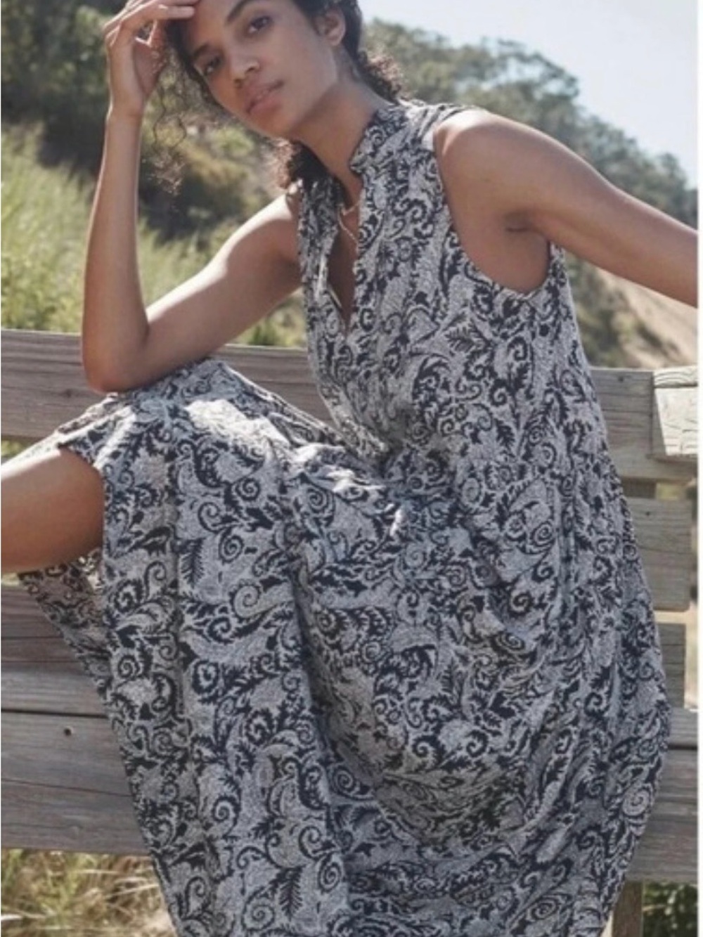 Anthropologie Black & White Paisley Sleeveless Maxi Dress
